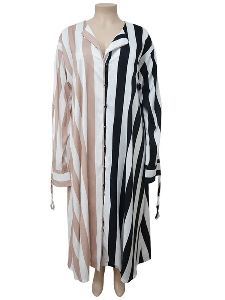 Plus Size Dresses for Women Elegant Lady Striped Loose Sexy Black Button Long Sleeve Maxi Shirts Dress Wholesale Dropshipping