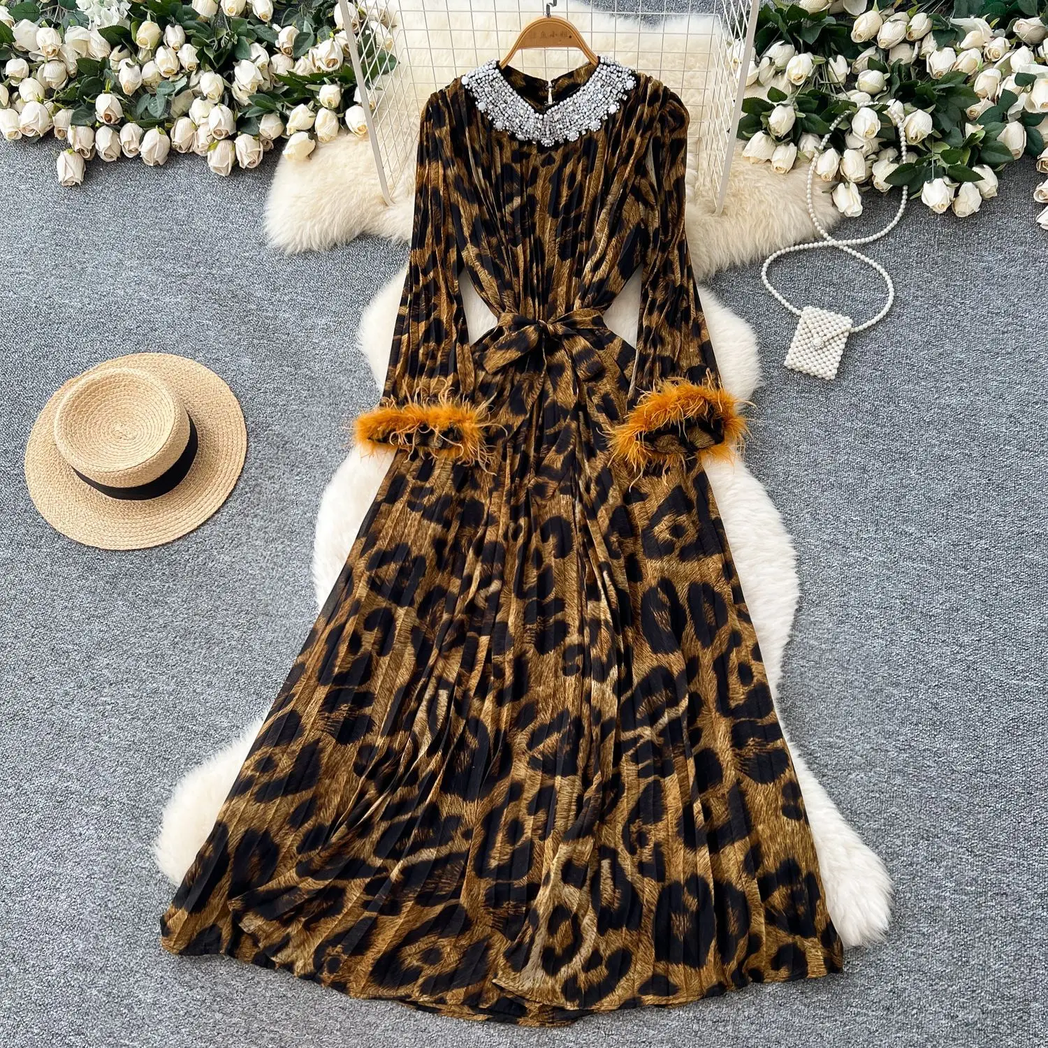 

Women Dresses Spliced Dress Print Lace Up Rhinestone Round Neck Long Sleeve Cinched Empire Waist Office Lady Casual 2025 Summer