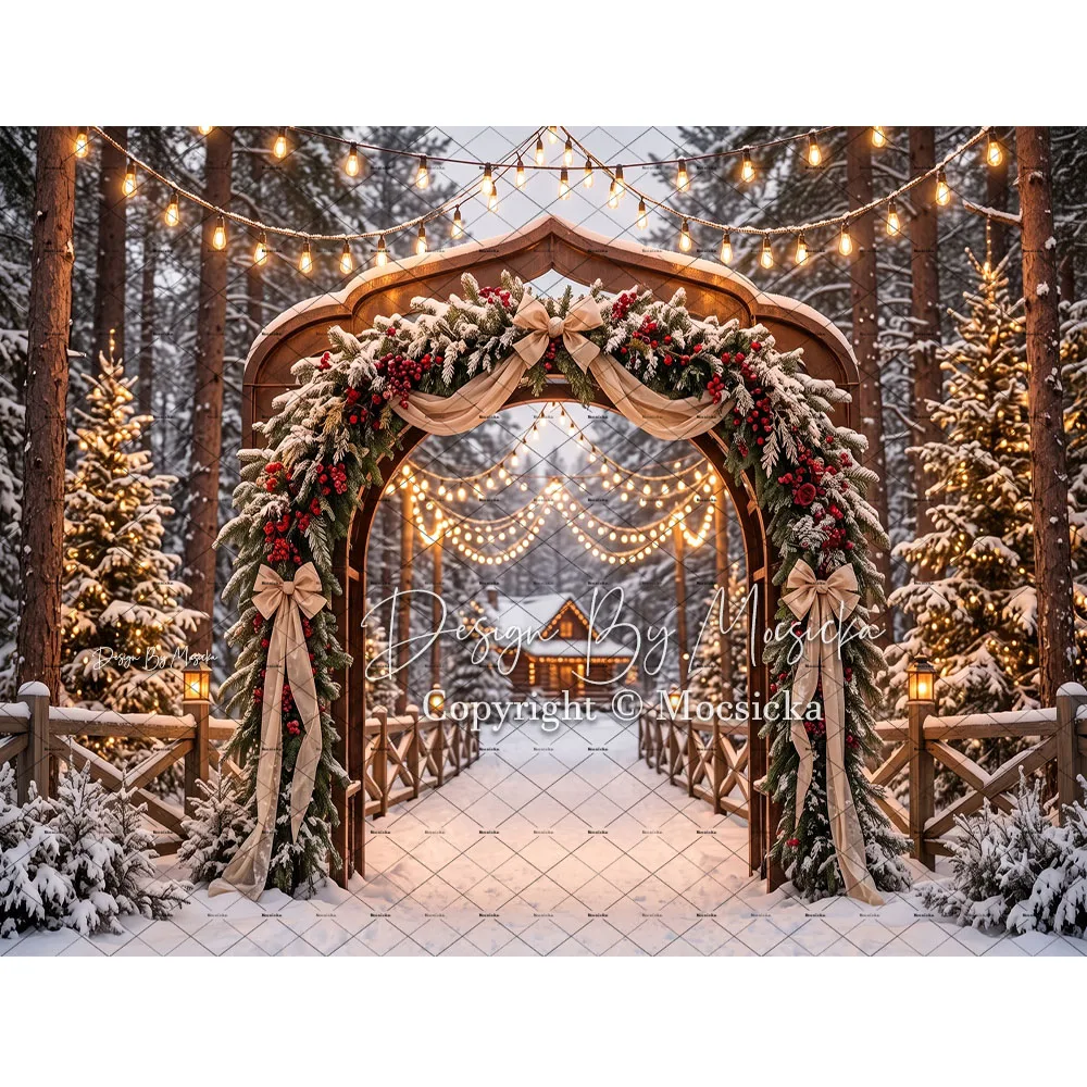 Mocsicka Snow Forest Christmas Archway Backdrop Photography Wooden Fence Pine Wreath Lantern Background Family Winter Xmas Photo