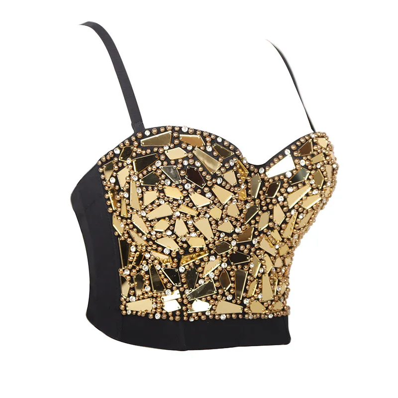 Złoty Steampunk zroszony diamentowe cekiny gorsetowe topy kobiety impreza w klubie nocnym gorset krótki top Push Up gorset Bralette biustonosz kamizelka — zdjęcie 3