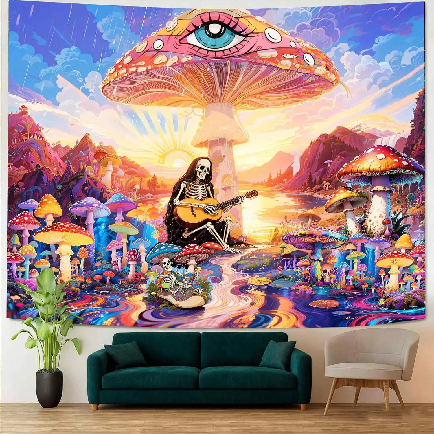 Tapiz de pared con diseño de guitarra y esqueleto de ojos de hongo, cielo azul, sol, plantas coloridas, río, montañas, estética retro divertida