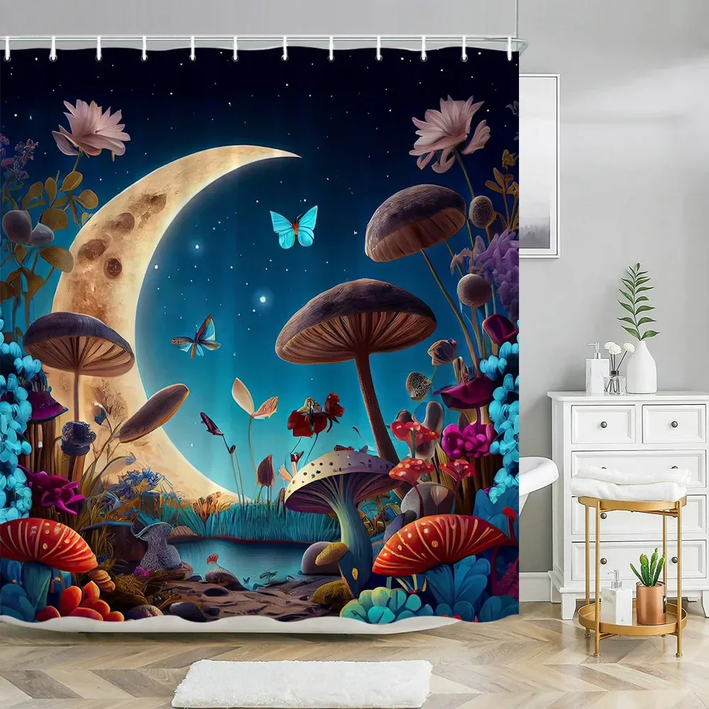 Fantasy Mushroom Shower Curtains Fairy Forest Tree Gothic Style Jungle Green Zen River Bathroom Decor Shower Curtain With Hooks