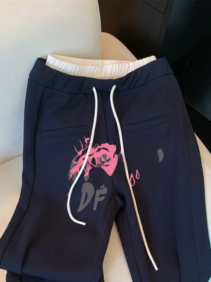 Faionable Anti-Aging Print Patchwork Dstring Straight Leg Casual Pants Women's Design Sensation  Loose Long Trousers