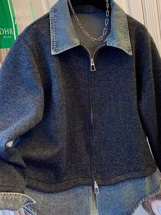 

plus Size Denim Patchwork Sweatshirt Jacket Women's Thickened Autumn Winter Double Zipper Collar Jacket Casual Loose Fit