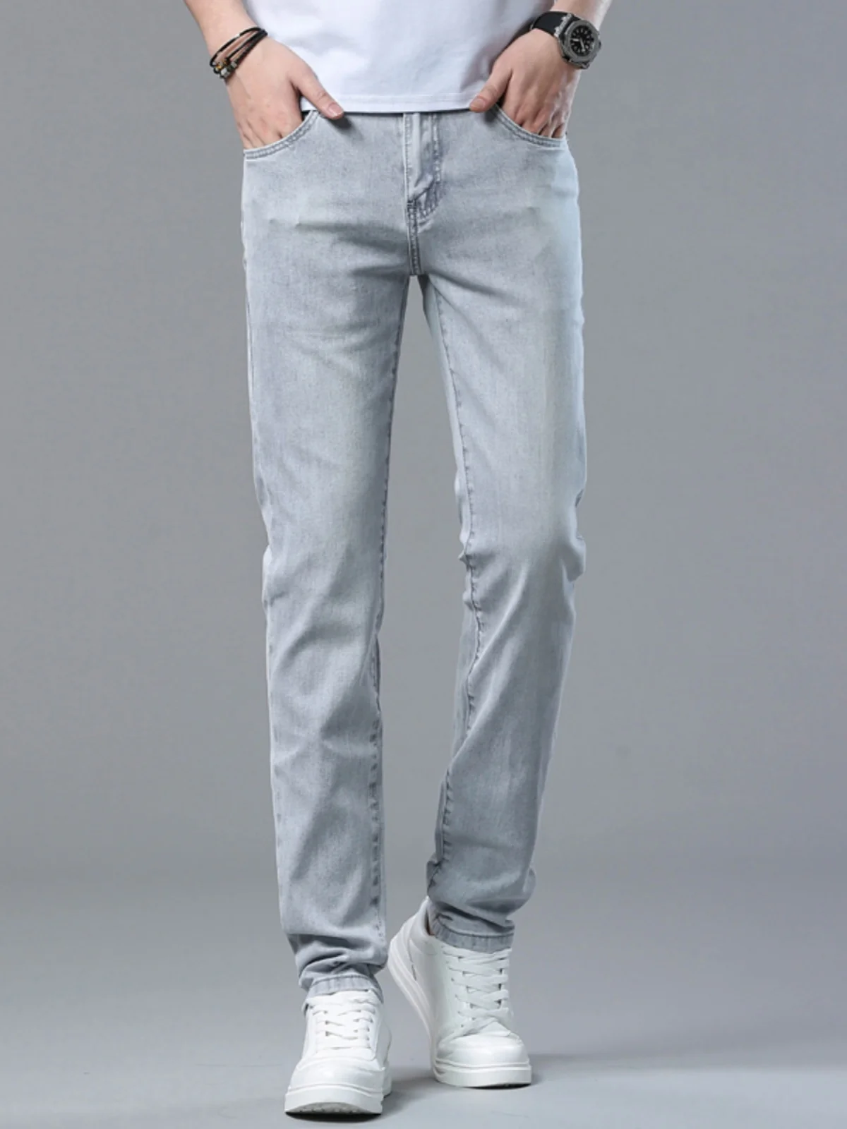 

Мужские джинсы премиум-класса: модные повседневные брюки на весну-осень, универсальные, эластичные, облегающие, с карманами и термотрансферным принтом