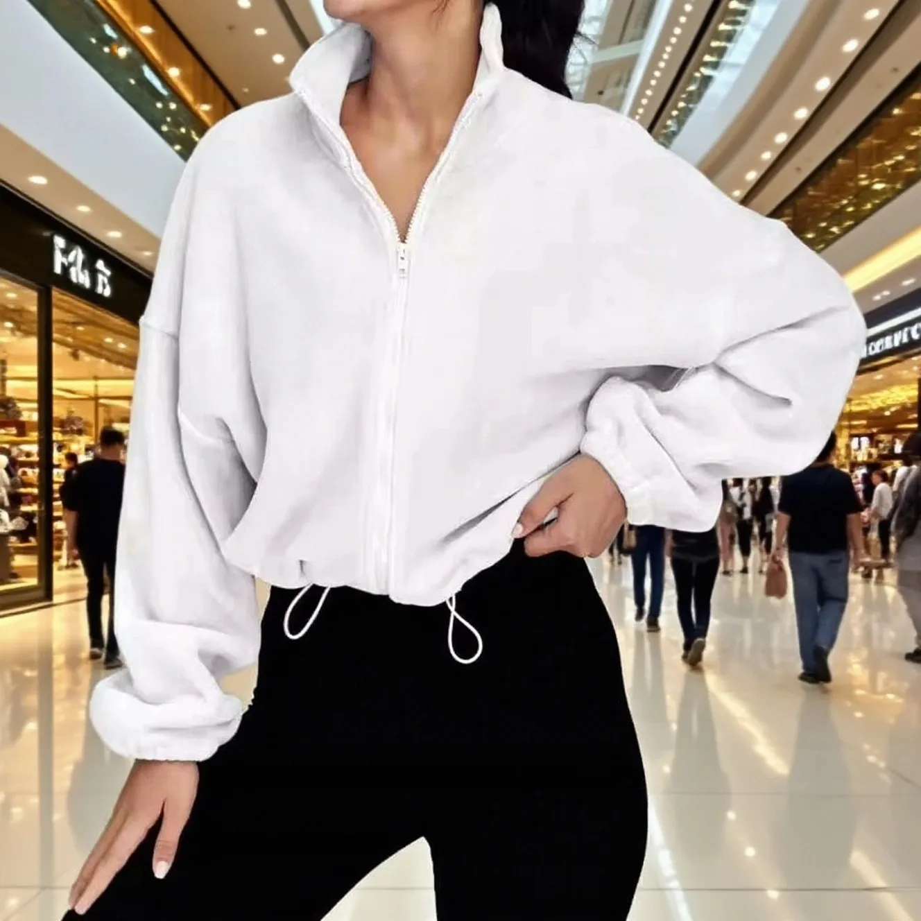 2025 Women's Full Zip Fleece Short Jacket Winter Long Sleeve Cropped Coat Drawstring Hem Stand Collar Warm Workout Top