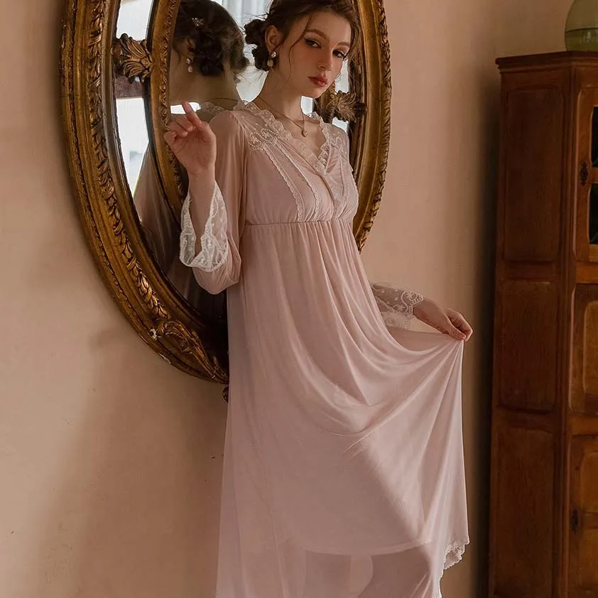 French Style Palace Style Princess Nightdress Spring Summer Female Sleepwear Bathrobe Nightwear Sexy Long Nightgown Home Wear