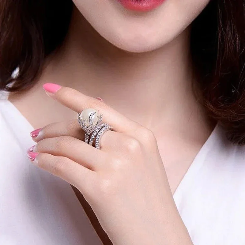 CAOSHI Gorgeous Aesthetic Simulated Pearl Ring Lady Wedding Party Jewelry Luxury Shining Zirconia Finger Accessories for Women