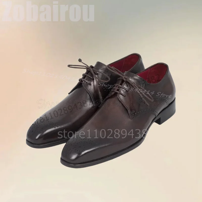 

Brown Carving Design Square Toe Strappy Men Derby Shoes Fashion Lace Up Men Shoes Luxury Handmade Party Banquet Men Dress Shoes
