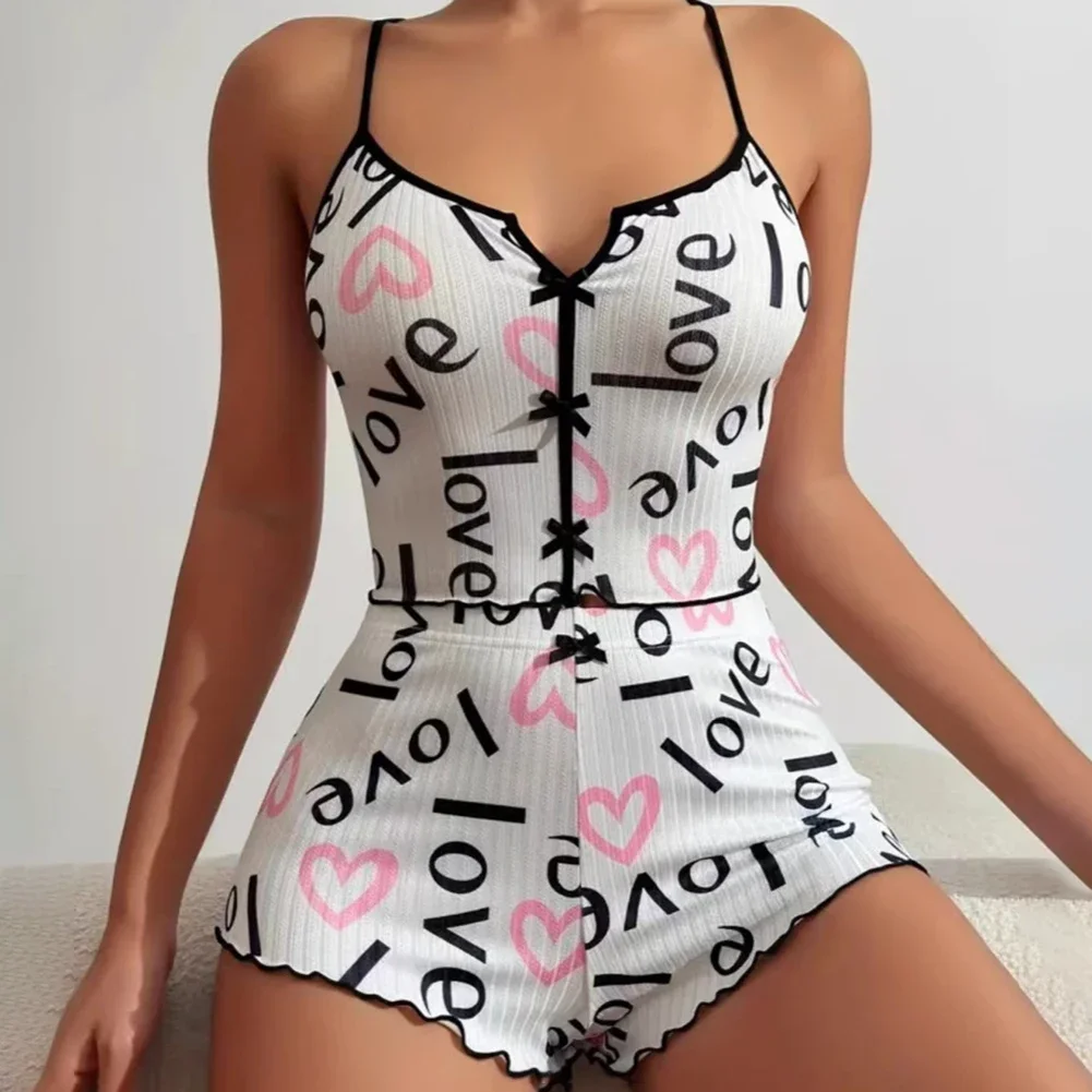 

Womens Suspenders Prints Pajamas Fashion Contrasting Colors Home Wear Sets Flirty Casuals Camis Top And Shorts Sets Loungewear