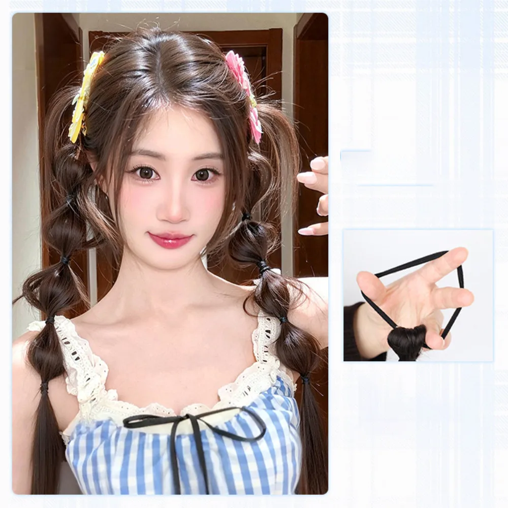 2 pezzi Y2k treccia sintetica estate soffice parrucca di piume di pollo coda di cavallo doppia coda di cavallo bocciolo di fiore bolla accessori per capelli simulati