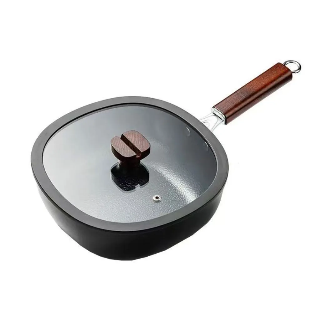 

Сковорода-вок из чугуна с деревянной ручкой, без покрытия, мини, с прозрачной крышкой, для приготовления пищи в ресторане