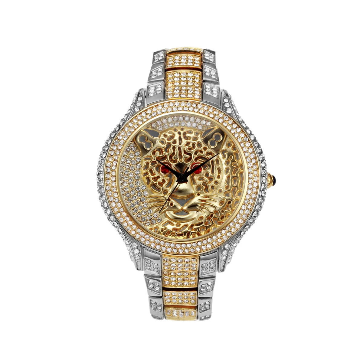 Aokaishen Leopard Head Field Watch for Men Ice Big Gold Color Waterproof Stainless Steel Hip Hop Jewelry Relogio Masculio