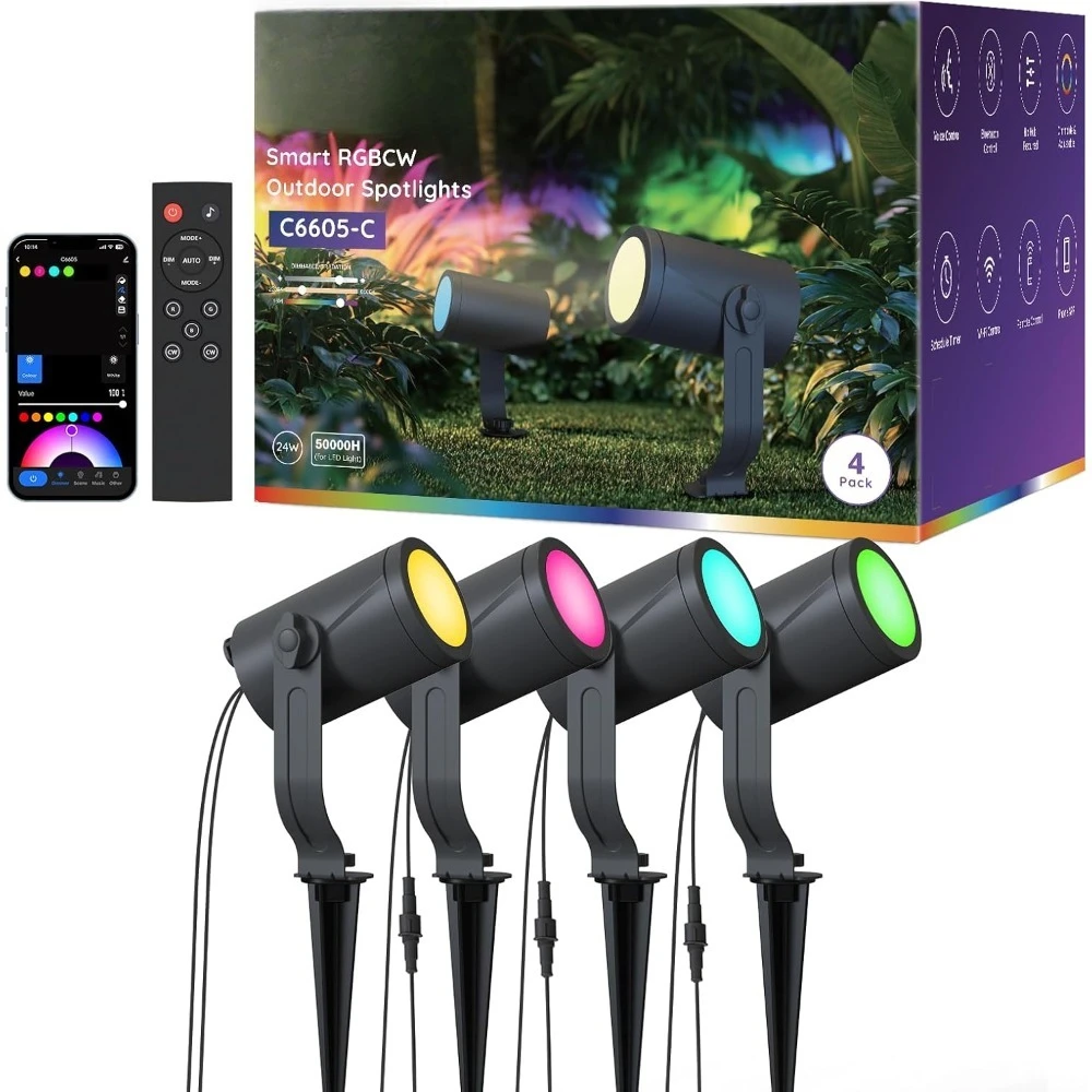 Smart Outdoor Spot Lights 24W RGBCW Color Changing Landscape Lighting IP65 Waterproof Low Voltage 4 Pack App Voice Remote