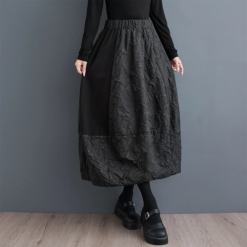 #3043 Black Gothic Skirt Women Split Joint Streetwear Midi A-line Skirts Female Elastic Waist Vintage Skirts Femme Spring Autumn