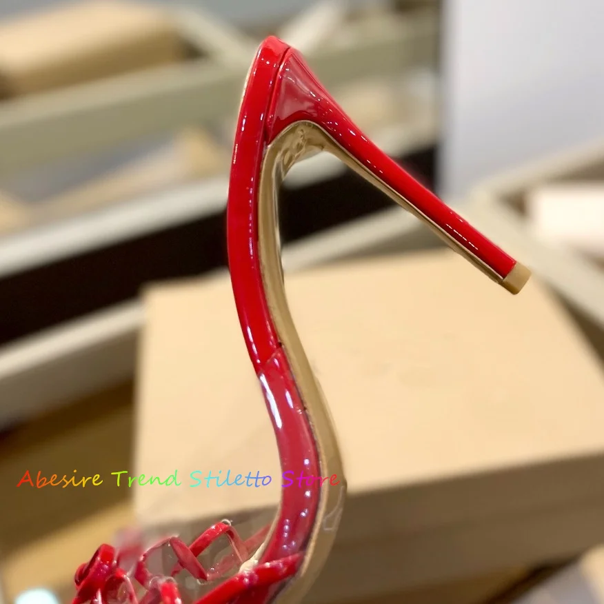 Red Patent Leather Mules Women PVC Bow Pointed Toe Slender Stiletto Heel Lace Up Super High Heel Party Dress Slippers