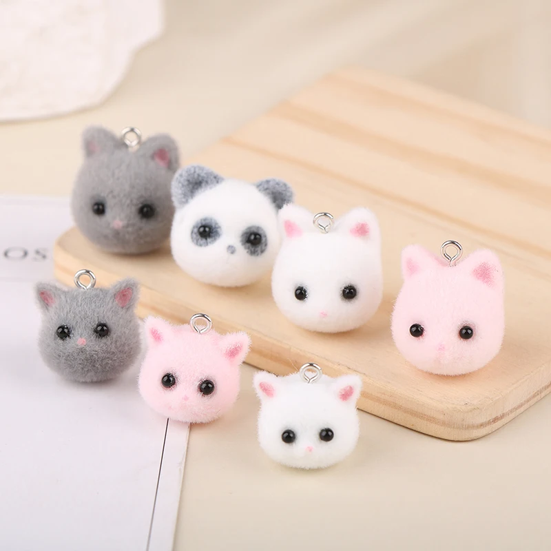 1pcs Cat Panda Head Pendant Kawaii 3D Fluffy Flocking Charms Miniature Dolls Keychain Necklace Pendant DIY Crafts Jewelry Make