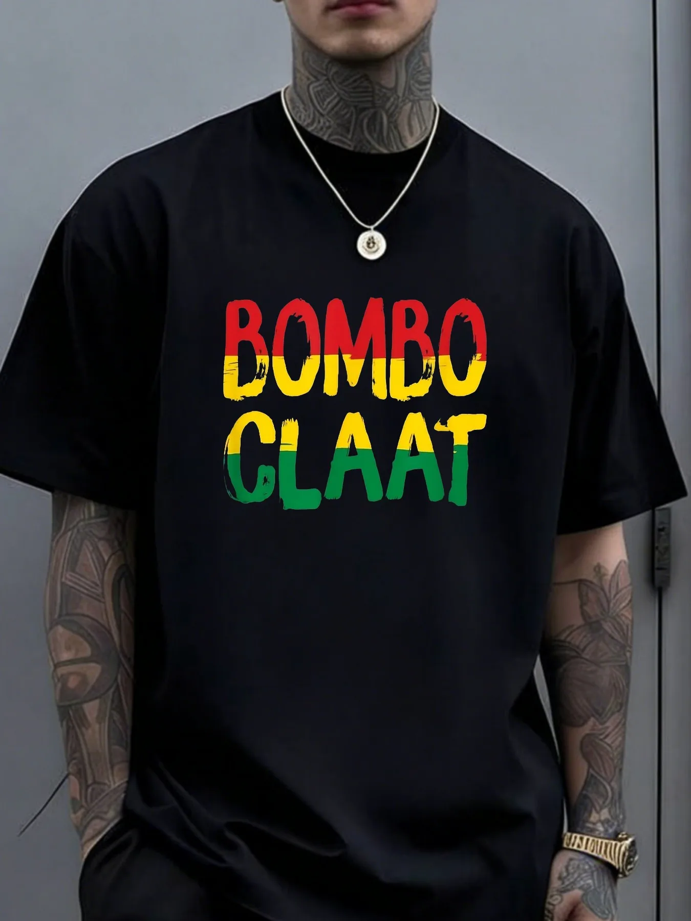 Men's Bombo Claat Jamaican Reggae Pattern T-Shirt Rasta Color Scheme (Green, Yellow, Red, Gold) Large Print Regular Fit Round Neck Short-Sleeve Shirt Suitable for Casual and Festival Wear Unisex F01