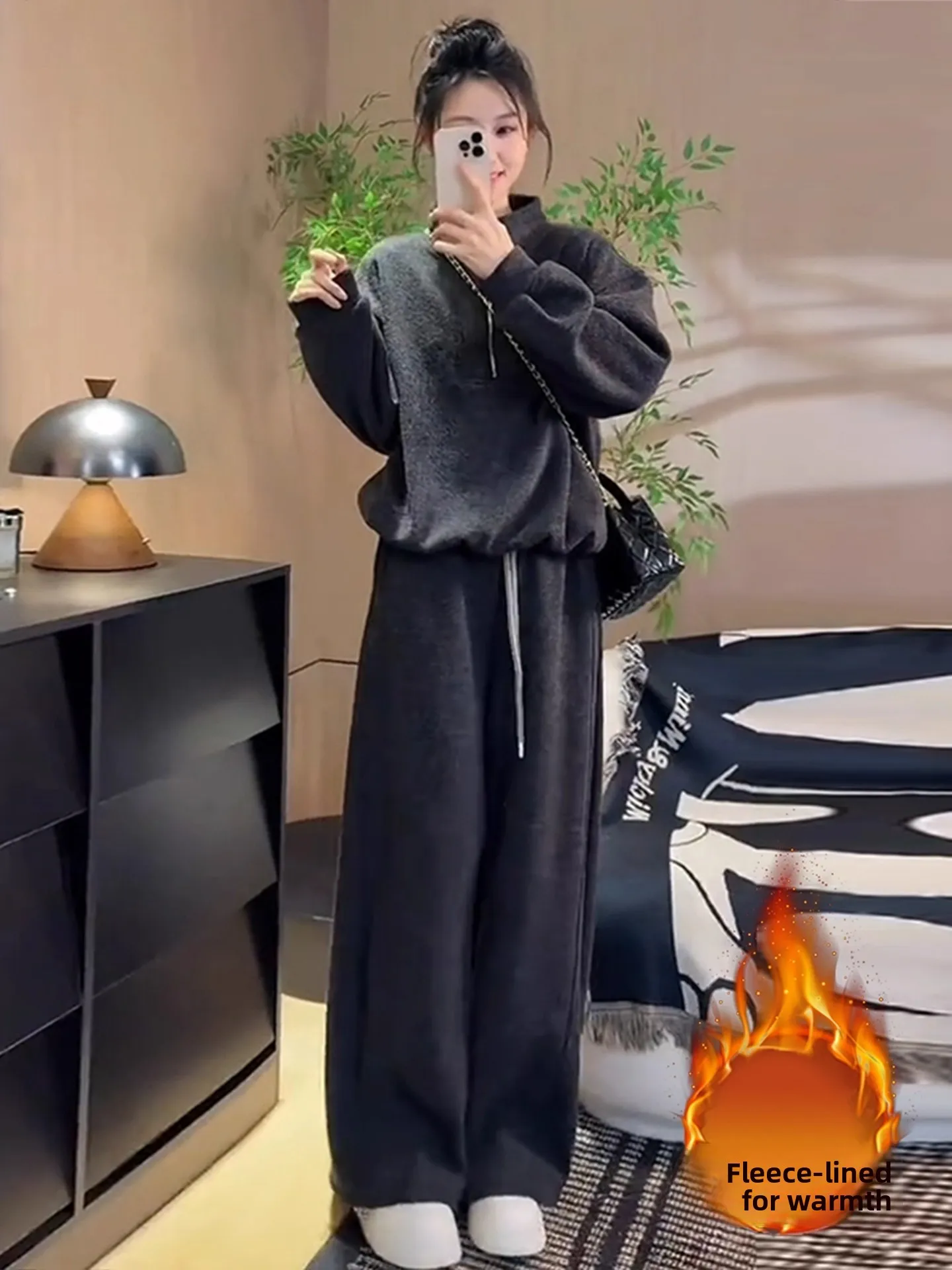 Damski komplet Thiened Fce na jesień i zimę, nowy, prosty i elegancki, bluza z wysokim kołnierzem na zamek i spodnie typu knife pants, dwuczęściowy zestaw.