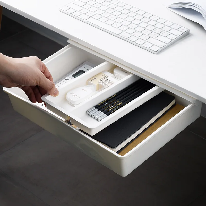 Self-Adhesive Under Desk Drawer Hidden Storage Box Makeup Organizer Self Stick School Stationery Case Pencil Tray Pen Holder