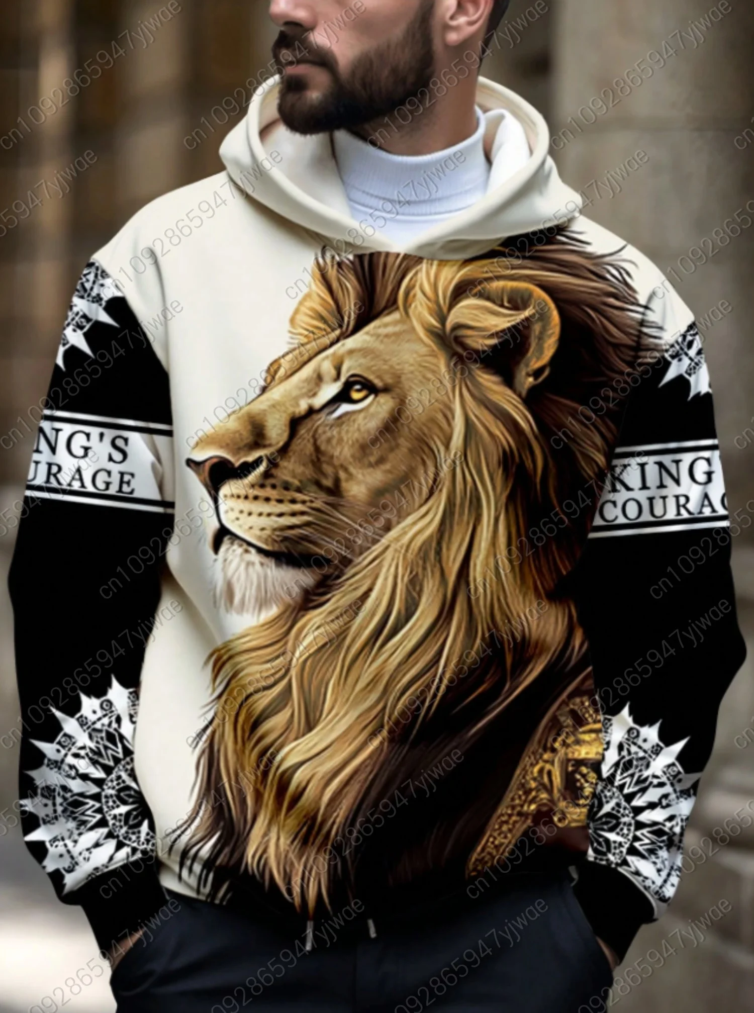 

2025 Winter men Harajuku Fierce Lion Print Pullover Men'Polyester Fiber Men Adult Plus Size Hooded Hoodies Men Clothing