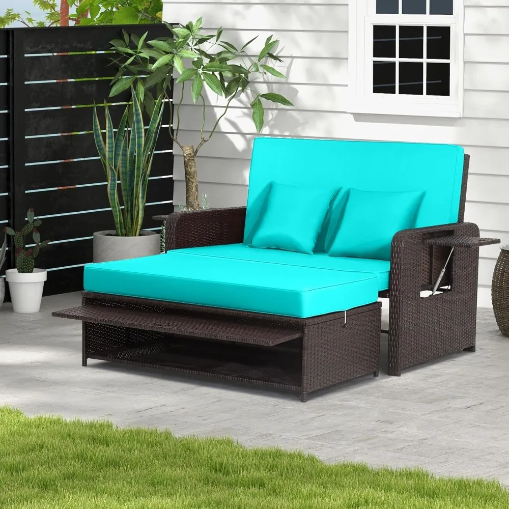 

Wicker Patio Outdoor Daybed - Rattan Day Bed Lounger with Loveseat & Storage Ottoman, Sunbed Sofa Set W/Cushions, Customized