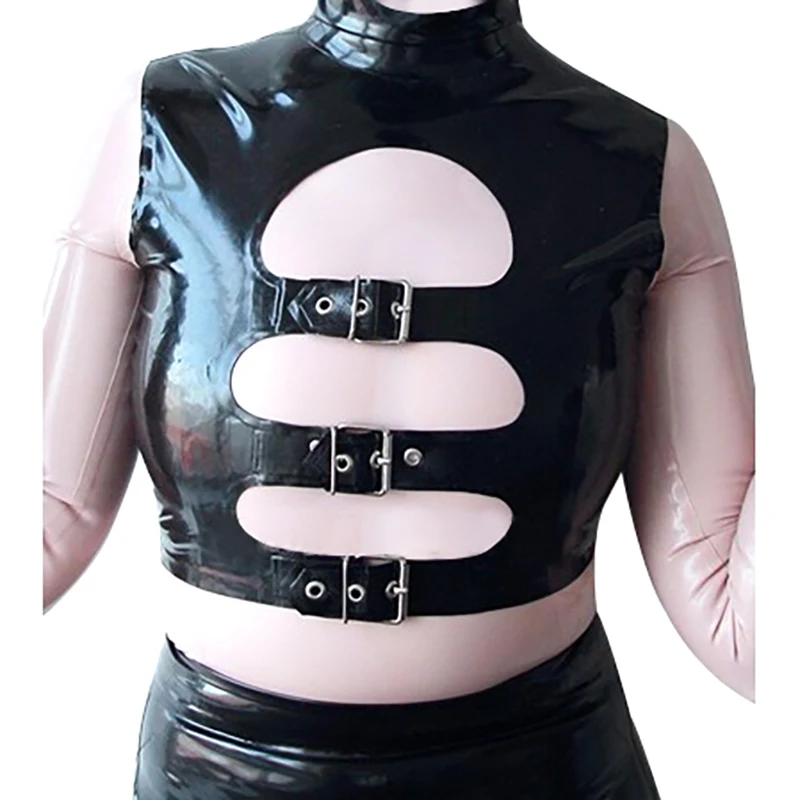 

Black Sexy Latex Crop Top With Belts At Front High Collar Rubber Shirts Clothes YF-0427