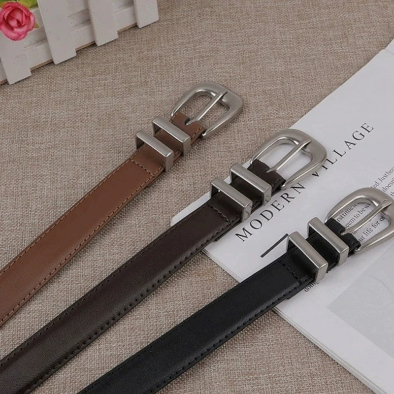 Unisex-Vintage-Gürtel aus echtem Leder, Rindsleder-Bund, Schwarz mit silberner Schnalle für Damen und Herren, modischer Gürtel für Jeans und Hosen – Detail 6