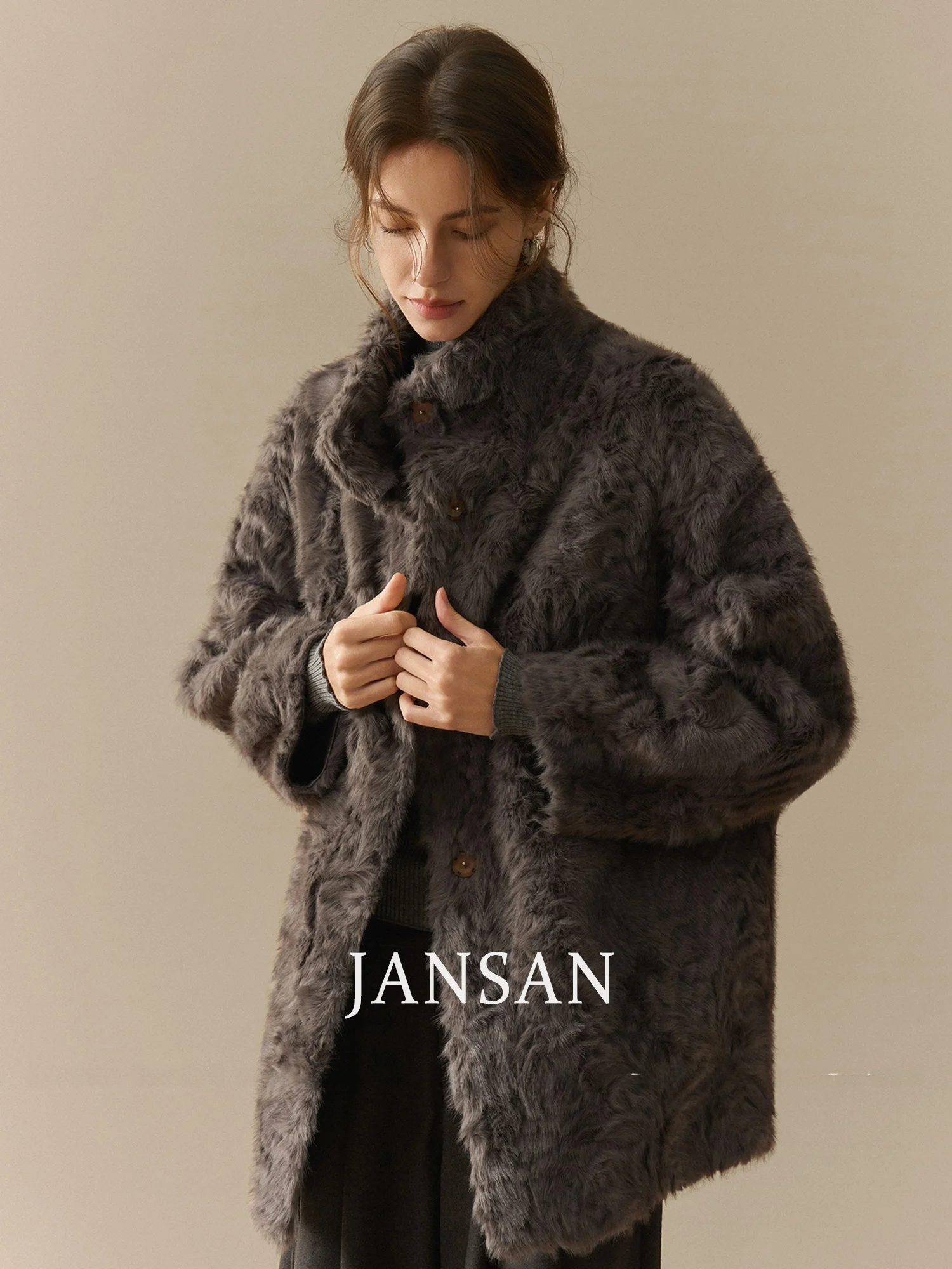 

Ele Stand Collar mid Length Fur Coat Women's Warmth Inteated Leather And Fur Jaet Casual Sle Long Sve Loose Fit