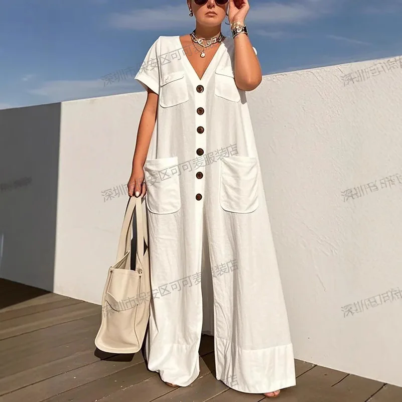 ฤดูร้อนสีทึบแฟชั่นJumpsuitsสําหรับผู้หญิงVคอSingle-Breasted Pocket ElegantสีทึบสบายๆเดินทางJumpsuits