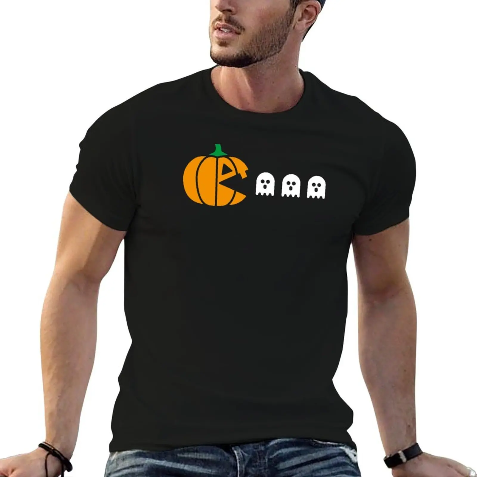 Pumpkin eats ghosts funny Halloween retro gamer T-Shirt mens graphic t shirts t shirt man plain T-Shirt