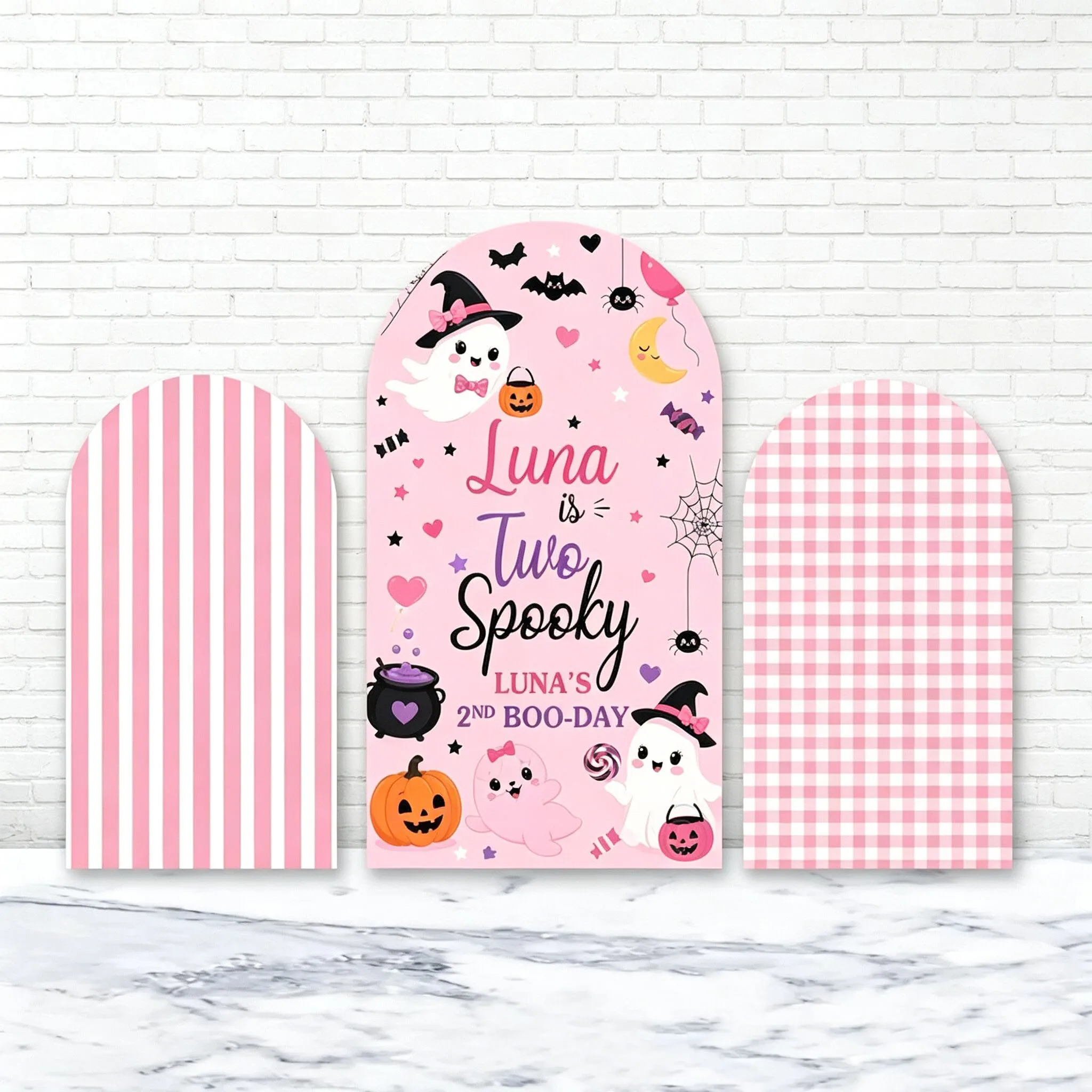 Custom 2-Side Two Spooky Baby Shower Arch Backdrop Cover Pumpkin Ghost Hallowee Pink Checkered Stripes Birthday Party Decor