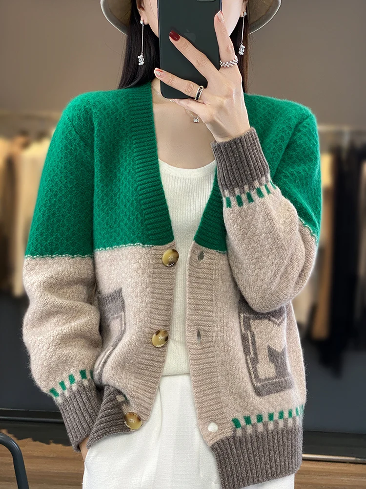 

Fashion 100% Merino Wool Cardigan Women Clothing Knitted Sweater V-Neck Long Sleeve Loose Women Sweater Autumn Winter Knitwear