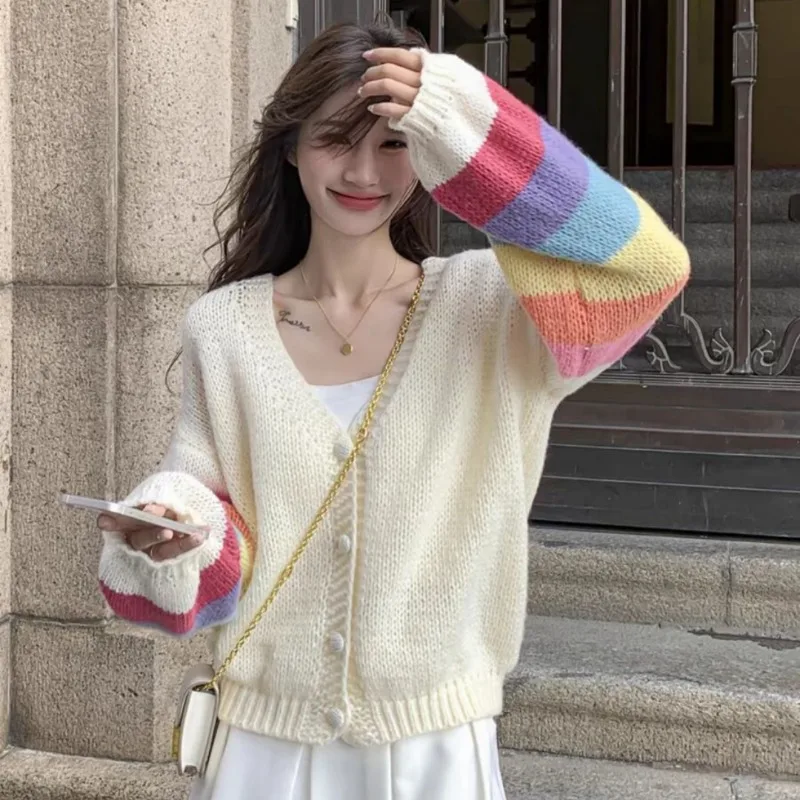 Women Autumn Simplicity Loose Fashion Striped V-neck Long Sleeve Knitwear Women Clothes Casual All-match Knitting Cardigan Coat