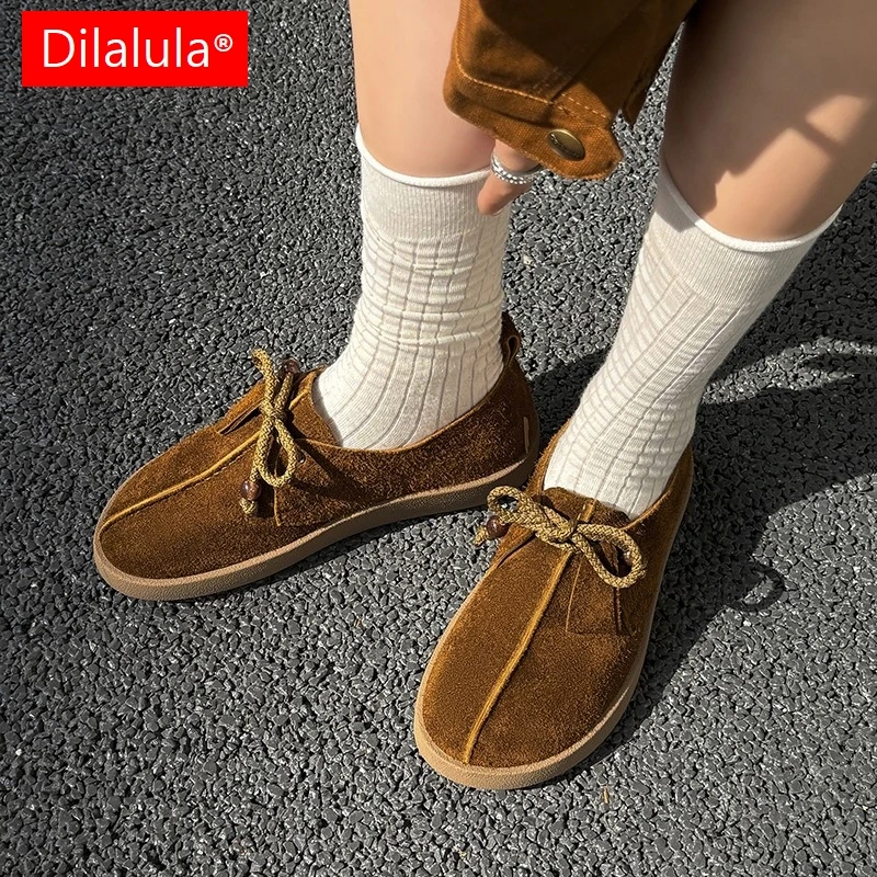 

Dilalula 2025 г., детские замшевые туфли-лодочки на среднем каблуке, женские повседневные туфли-лодочки с круглым носком на шнуровке, женская повседневная прогулочная обувь