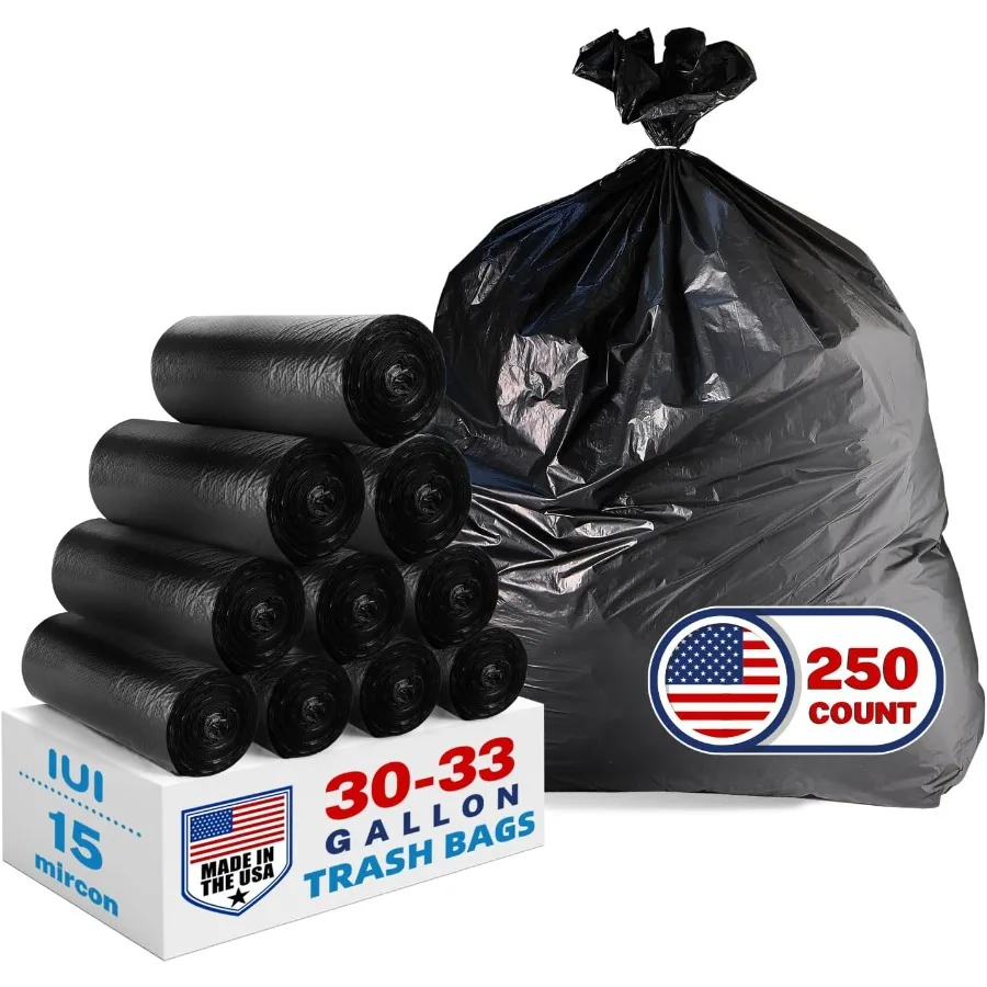 

Trash Bags 3033 Gallon Black Medium Duty 250 Count Bulk Pack 32 x 38 Durable TearResistant Garbage Bags for Home Commercial Con