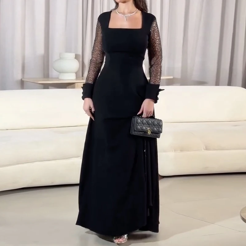 Modigirl soirée bal Maxi robes pour femmes été automne col carré transparent à manches longues Banquet Cocktail robes de soirée 2025