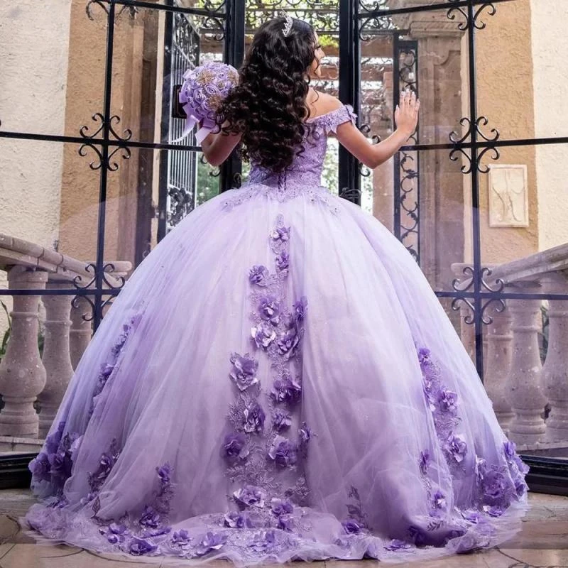 Vestido De quinceañera lila con flores en 3D, vestido De baile con hombros descubiertos, apliques De encaje, corsé, 15 Años