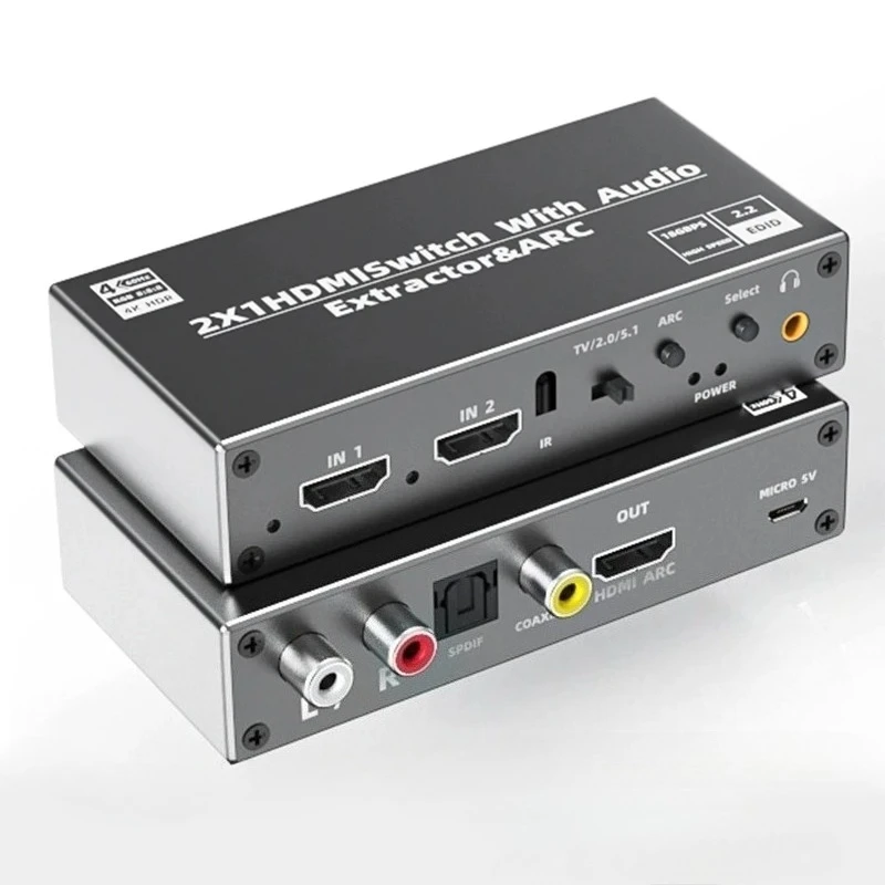 4K HDMI Switch Audio Extractor 2 in 1 out with ARC Return HDMI Switcher 2x1 with R/L+Toslink SPDIF+COAXIAL Audio Out for PC TV