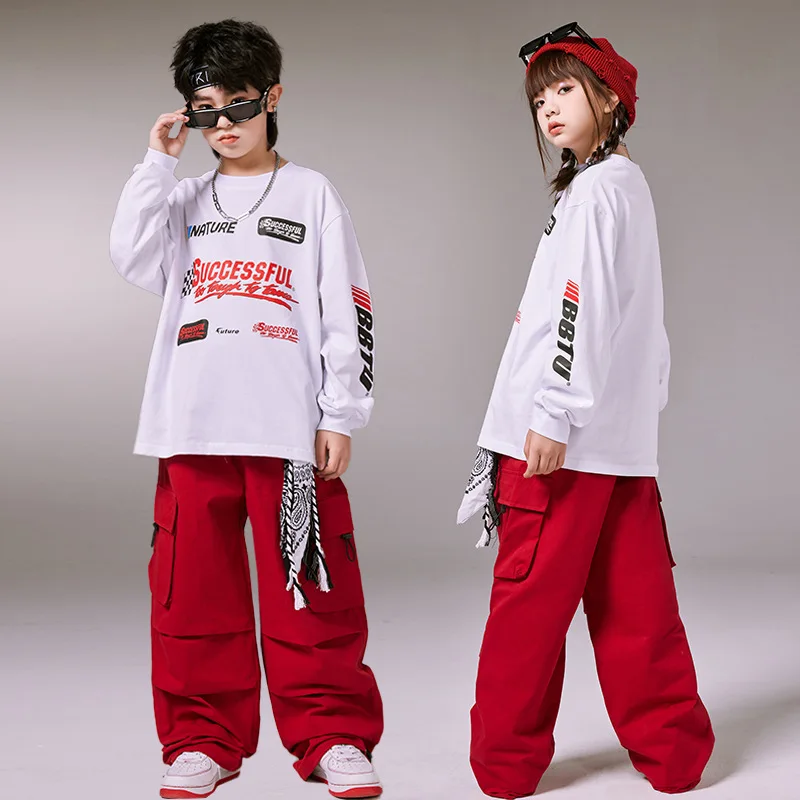 

Kid Cool Hip Hop Clothing White Letter Sweatshirt Top Red Casual Wide Ruched Cargo Pants for Girl Boy Jazz Dance Costume Clothes