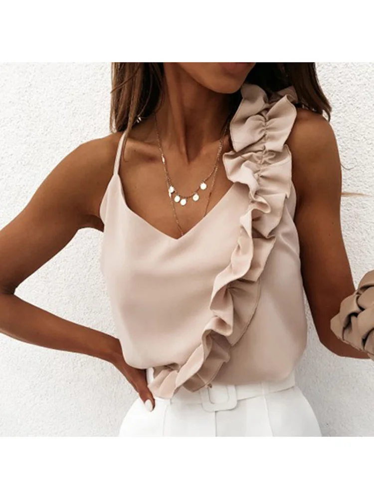 

Women Summer Blouse Shirts Sexy V Neck Ruffle Blouses Backless Spaghetti Strap Office Ladies Sleeveless Casual Tops