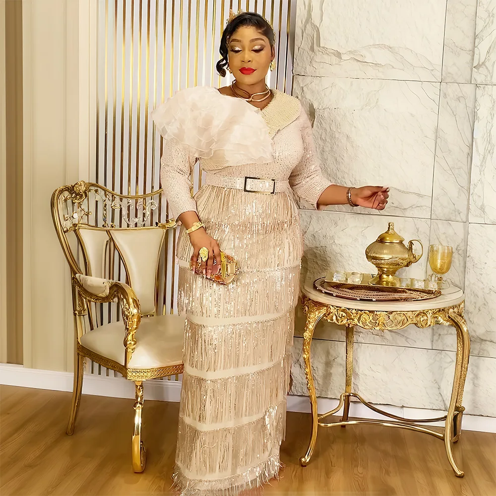 

African Party Dresses for Women 2025 Elegant Turkey Muslim Maxi Dress Plus Size Dashiki Tassel Sequin Wedding Evening Gown