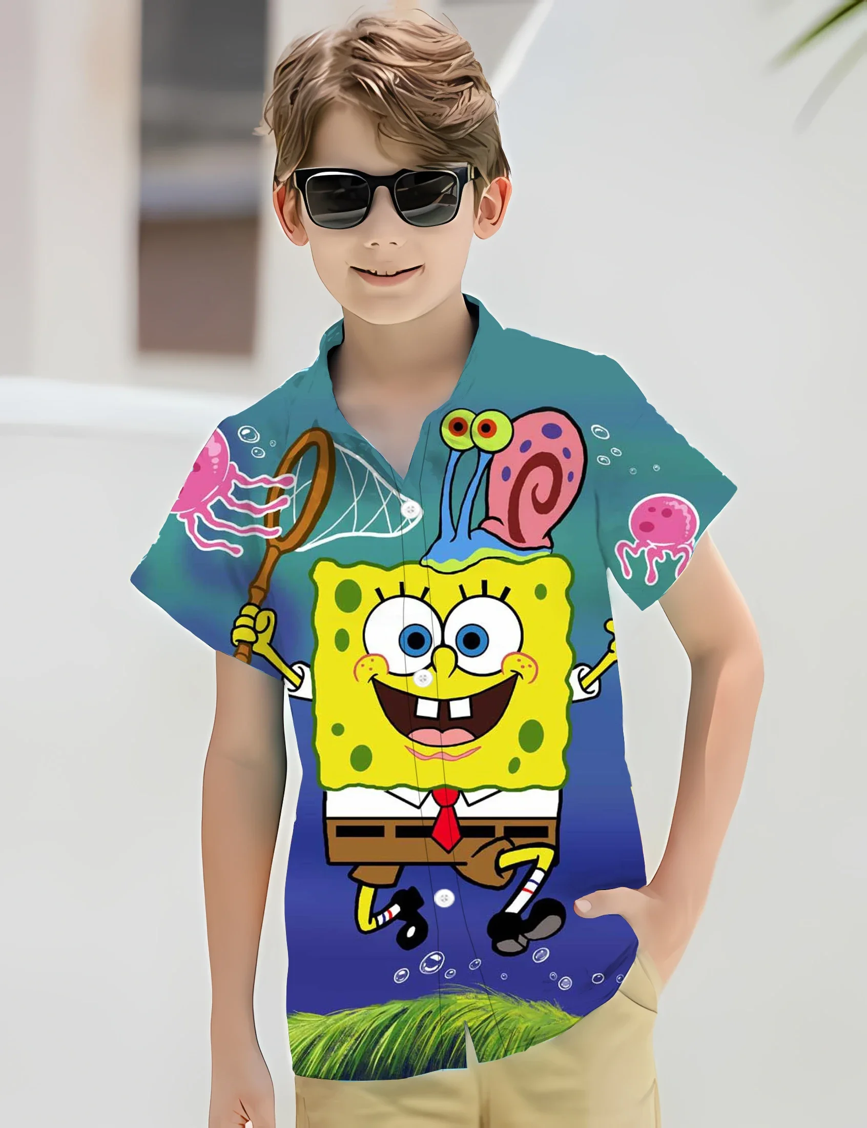 3D Funny Spongebob Squarepants Shirts For Children Casual Clothes Streetwear Blouses Cartoon Y2k Lapel Blouse Button Tops ﻿