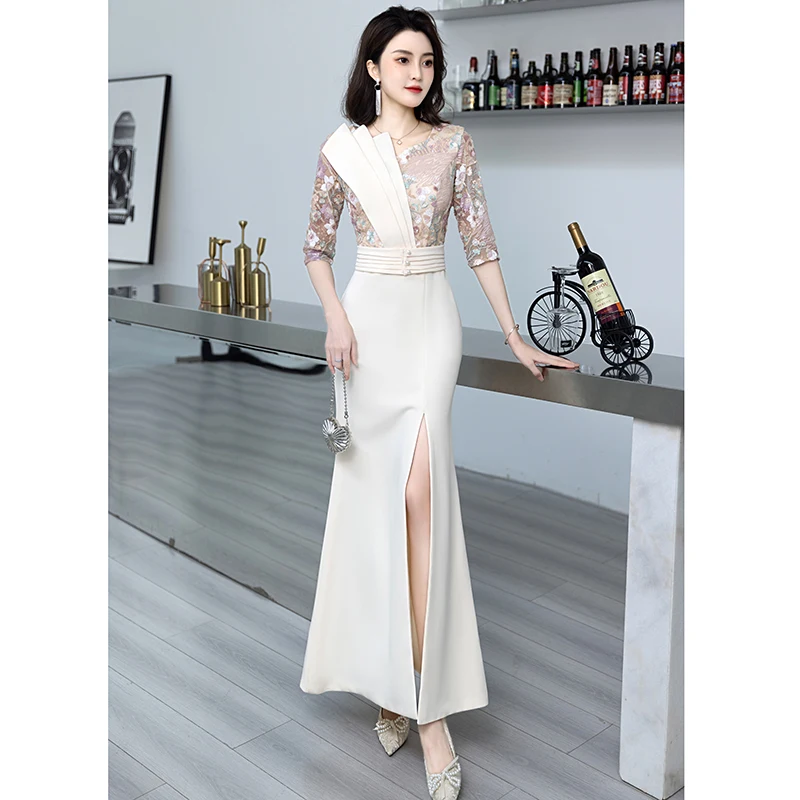 

Champagne Color Evening Gown Women's 2026 New Luxury Slim Fit Fi Tail Host Dr Ele Long Sve mid Waist Zipper