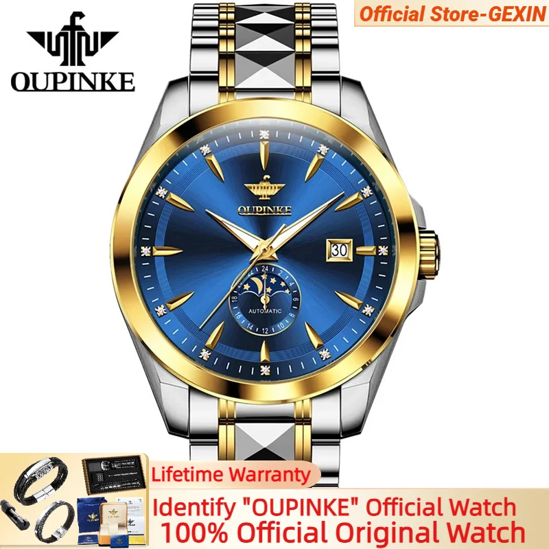 OUPINKE 3292 NEW Mens Watch Automatic winding Movement Watches Top Luxury Brand  Wristwatch Man Lunar Phase Watch