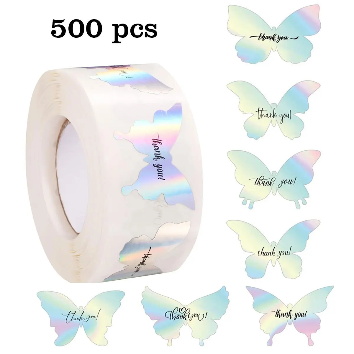 

500 pcs/roll : custom-shaped holographic laser-cut butterfly thank-you stickers, 1-inch PVC self-adhesive sealing stickers