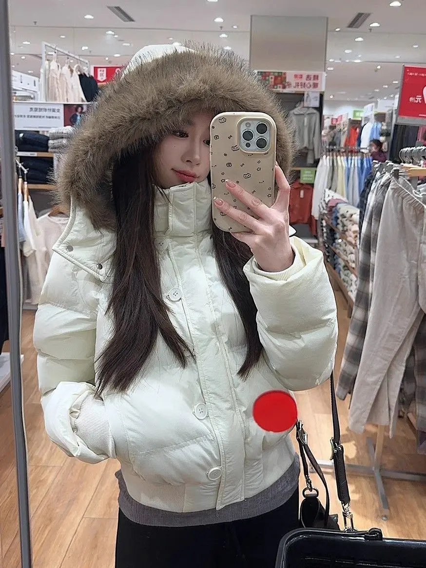 

Women's Loose Fit Short Down Cotton Jacket Detachable Hat Fur Collar Winter Warm Thickened Outerwear Slimming Fashiona Parkas