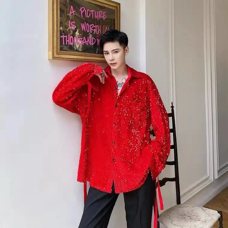 الرجال أحمر أسود الترتر القمصان الذكور المغني الحفل حفلة مرحلة الأداء الملابس شخصية تألق قميص عاكس Ropa #3