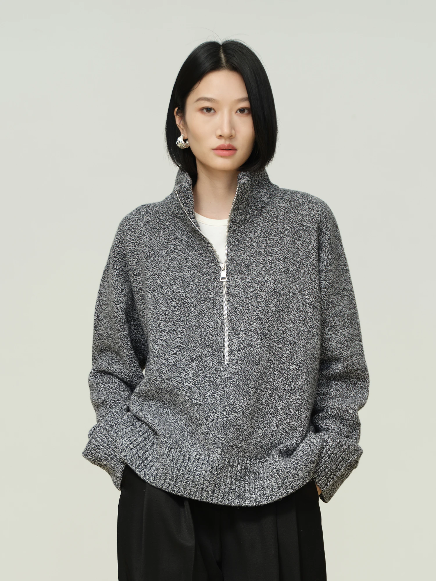 

Thiened Warm Zipper Ne Loose Knitted Sweater Women's Woolen Flower Patterned Casual Sle Comfortable Soft Long Sve Top