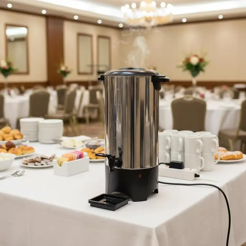 

Coffee Percolator 50-Cup For Office Catering Party High-Speed Brewing Visible Water Level Double-Wall Insulation Large Capacity Silver Metal Finish